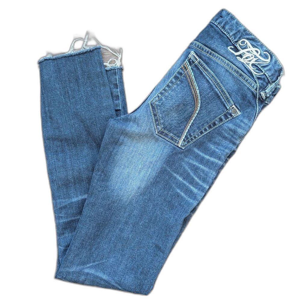 Women's FOX Racing Ripper Jeggings Denim Blue Jeans Embroidered Logo Raw Hem 3